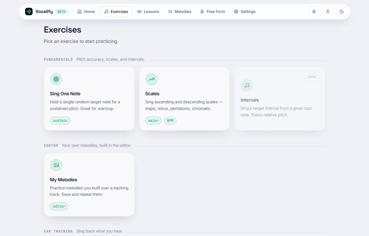 A menu of vocal exercises — pitch matching, scales, glides, intervals — in a browser app.