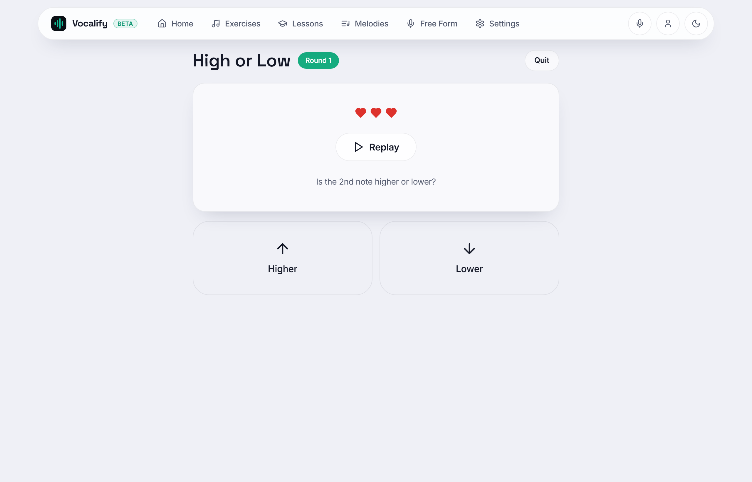 Vocalify's High or Low exercise: a Replay button plays two notes and asks 'Is the 2nd note higher or lower?' with Higher and Lower answer buttons and three lives shown as hearts.