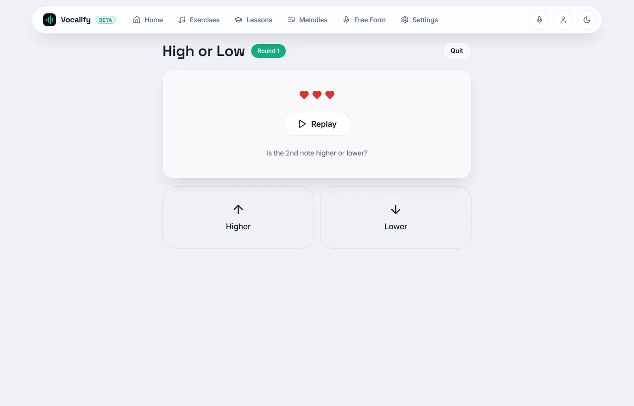 Vocalify's High or Low exercise: a Replay button plays two notes and asks 'Is the 2nd note higher or lower?' with Higher and Lower answer buttons and three lives shown as hearts.