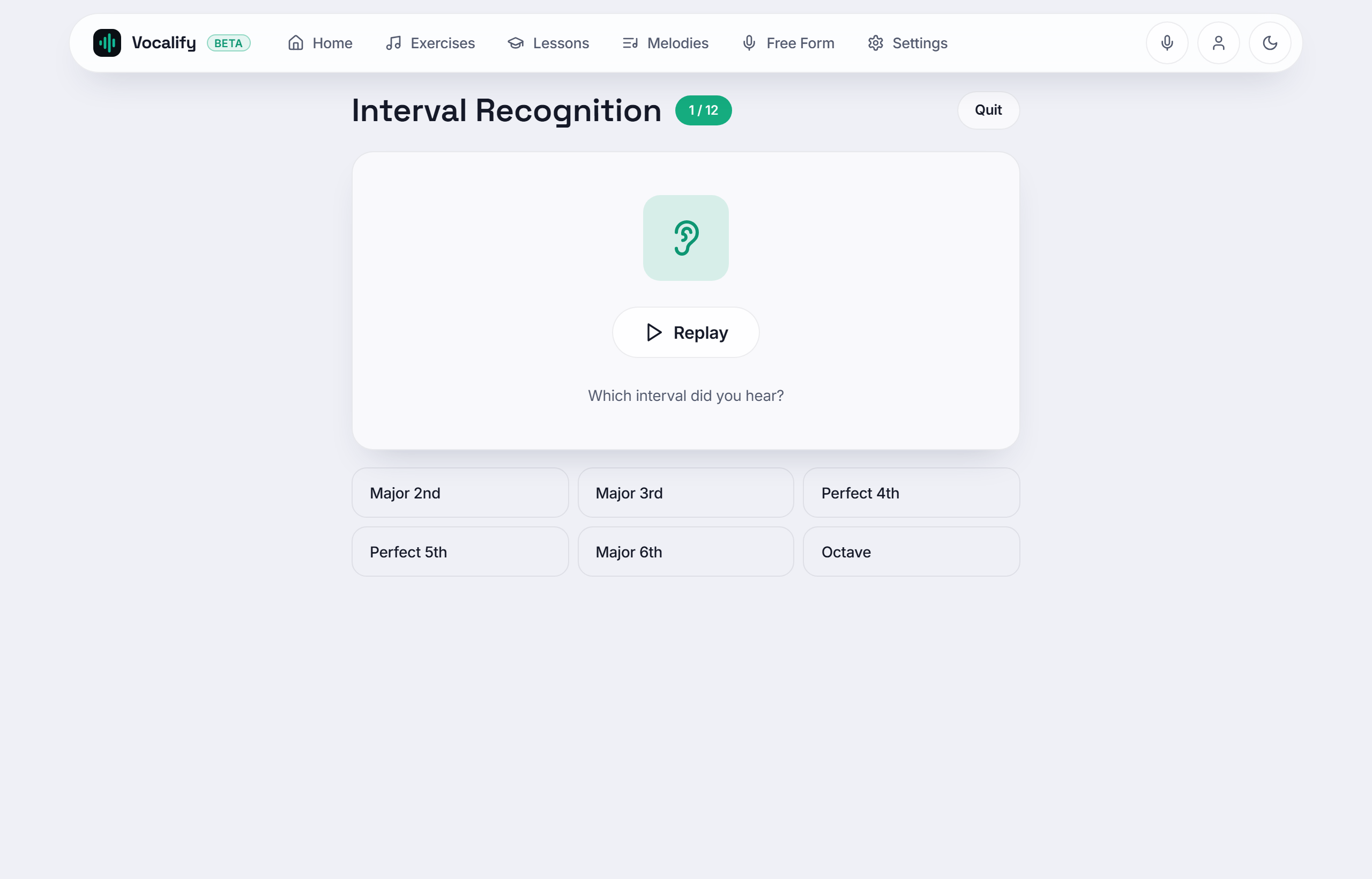 Vocalify's Interval Recognition exercise: a Replay button plays two notes, asks 'Which interval did you hear?' and offers choices like Major 2nd, Major 3rd, Perfect 4th, Perfect 5th, Major 6th and Octave.