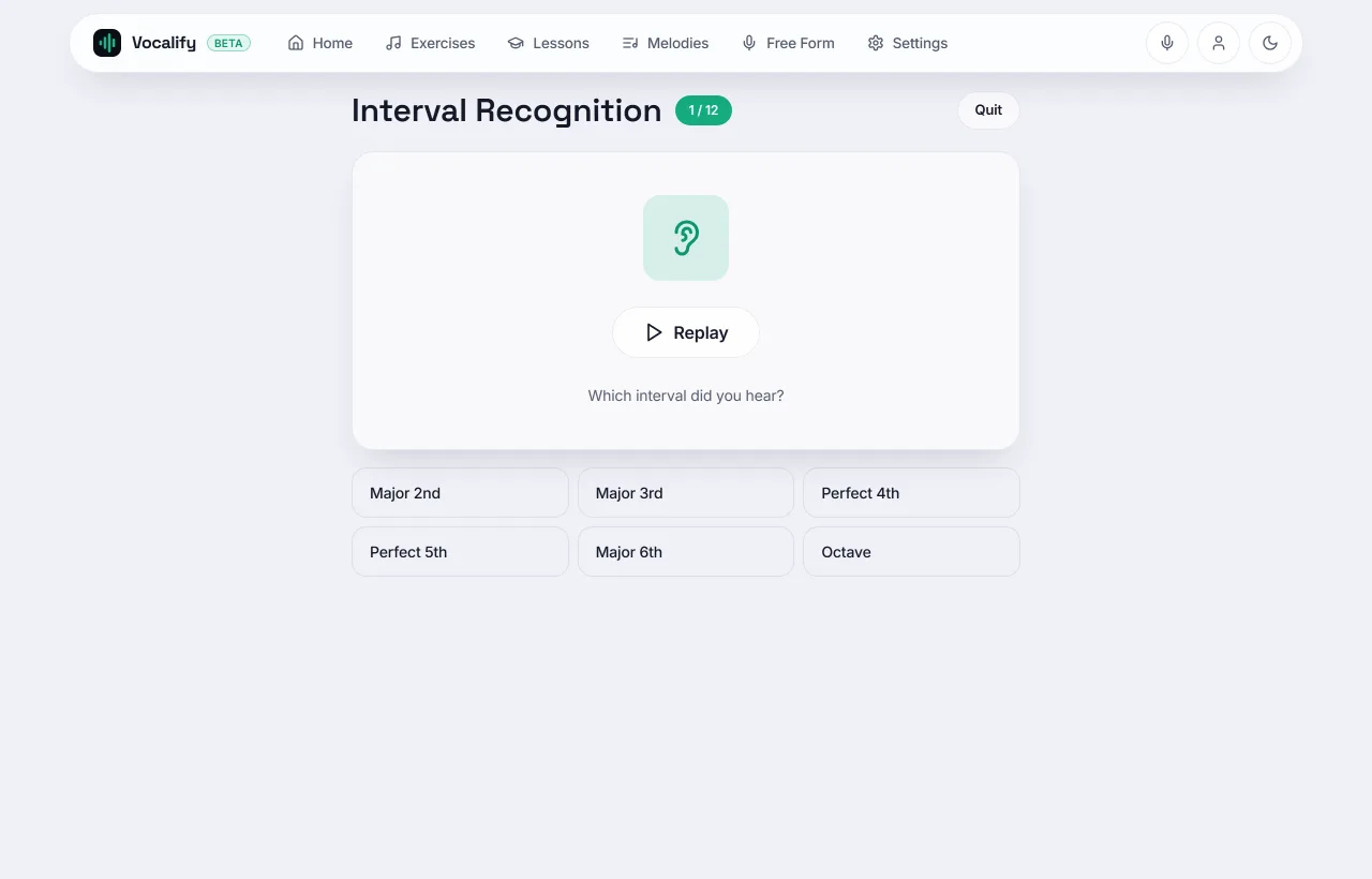 Vocalify's Interval Recognition exercise: a Replay button plays two notes, asks 'Which interval did you hear?' and offers choices like Major 2nd, Major 3rd, Perfect 4th, Perfect 5th, Major 6th and Octave.