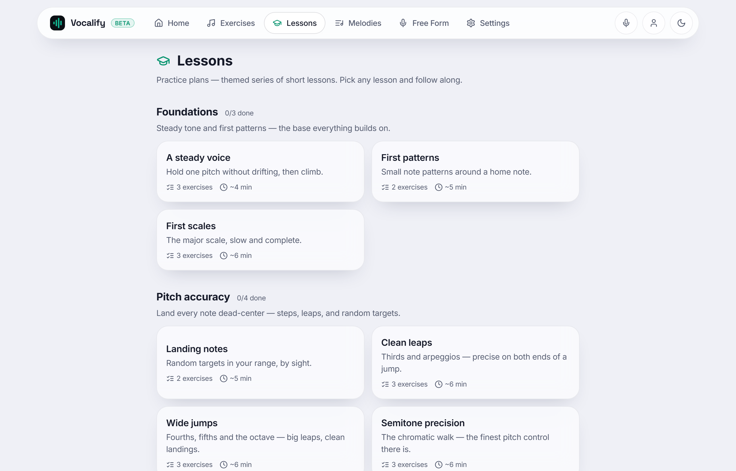 Vocalify lessons: a grid of short practice plans and lessons like 'A steady voice', 'First patterns' and 'First scales', each a few minutes long.