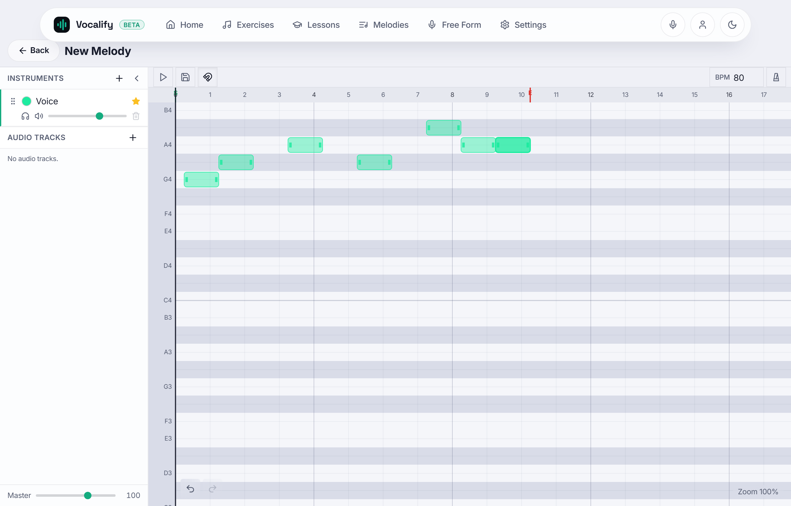 Vocalify's melody editor: a piano-roll grid with a short green melody drawn across the beats, an instruments panel on the left, transport controls, BPM, and a master volume slider.