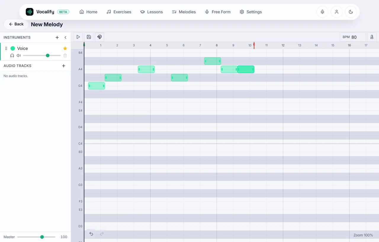 A melody editor with a song loaded: note lanes above a backing-track waveform, ready to practise a section.