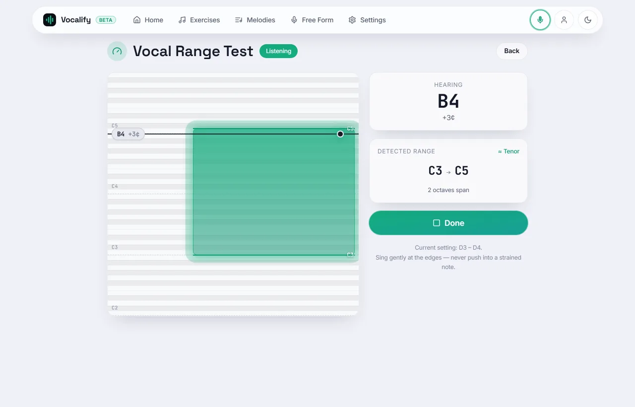 Vocalify vocal range test: a live meter showing a detected range from C3 to C5 with the current pitch tracked by a needle.