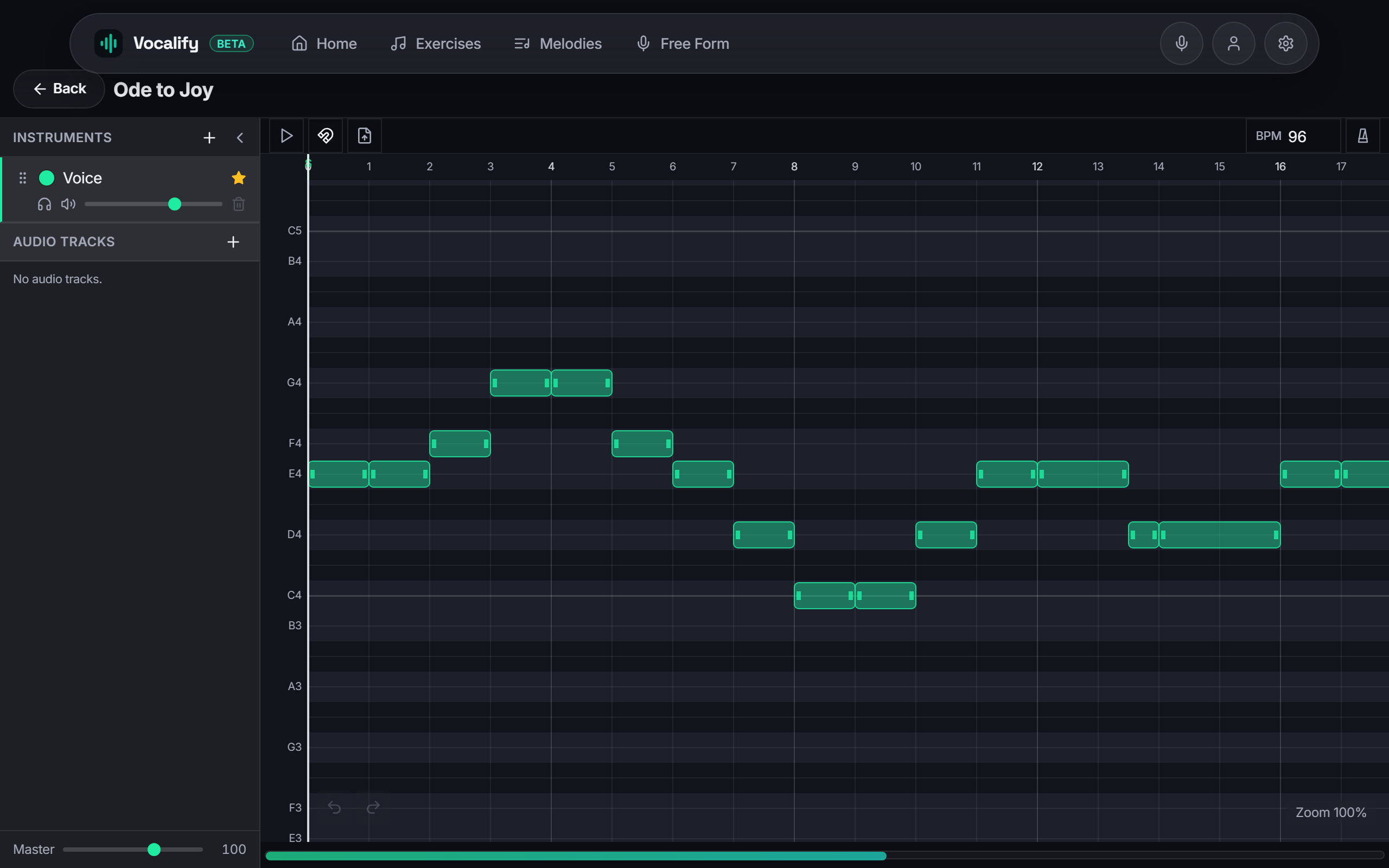 The Vocalify melody editor: notes laid out on a beat grid with an instrument sidebar, tempo control and a backing-track lane.