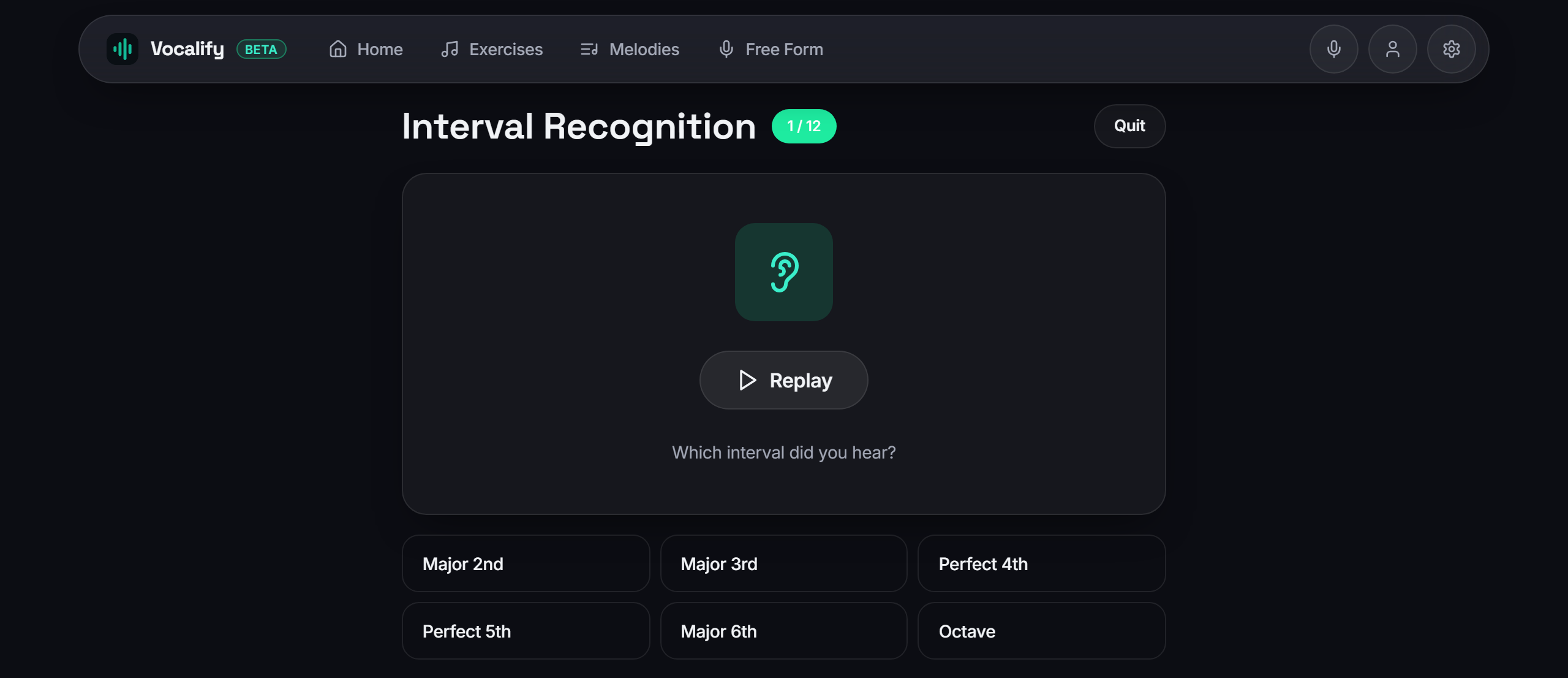 The interval recognition drill in Vocalify: two notes play and the singer picks which interval they heard from six options.