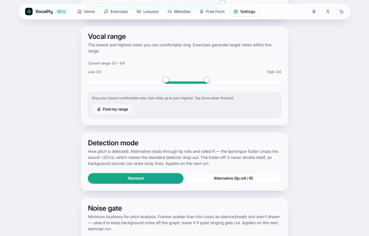Vocalify's Vocal range panel: a two-handle slider showing a current range of D3 to D4, with a 'Find my range' button that listens as you sing from low to high.