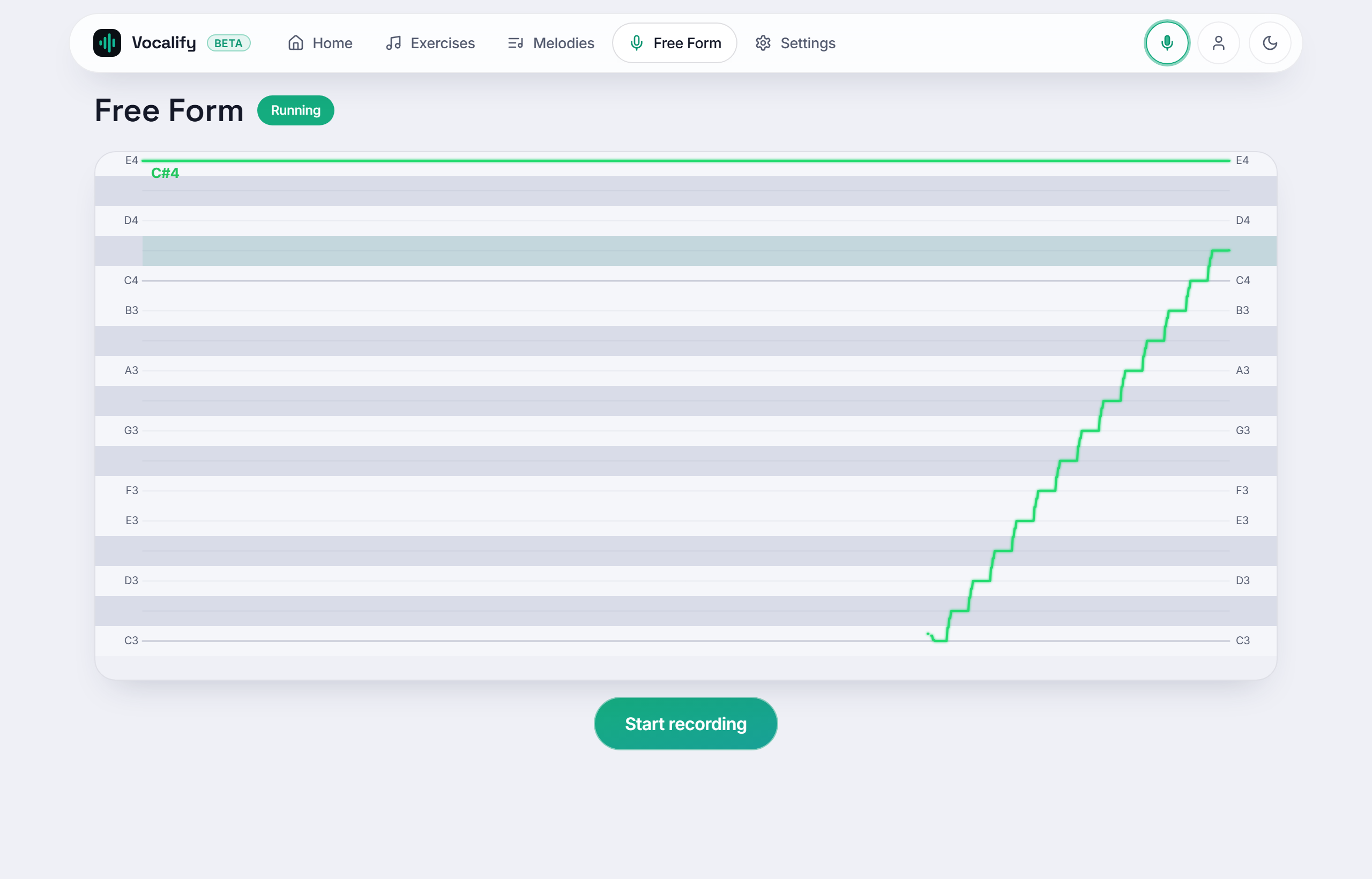 Vocalify Free Form tuner: a live green pitch line rising across a piano roll from C3 upward, with the current note labelled C#4.